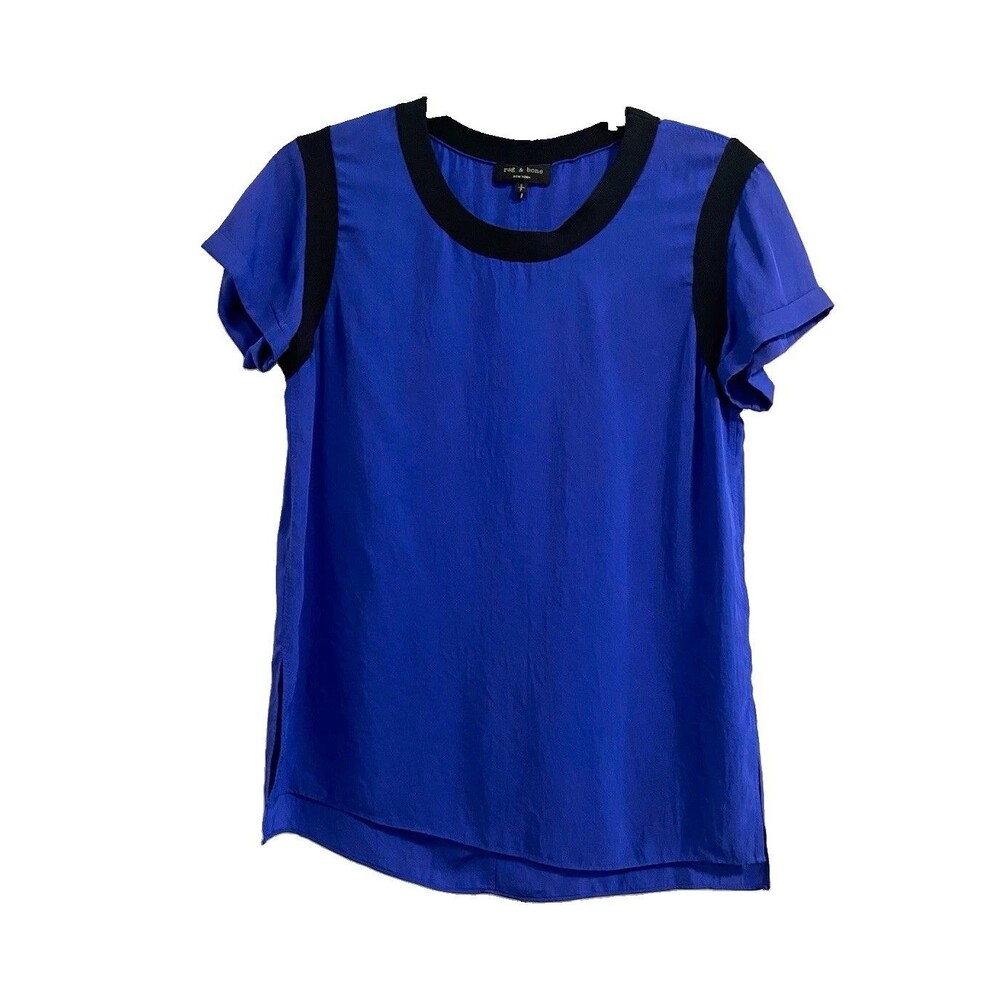 rag & bone Women’s Solid Blue Blouse Black Contrast Trim Round Neck S
